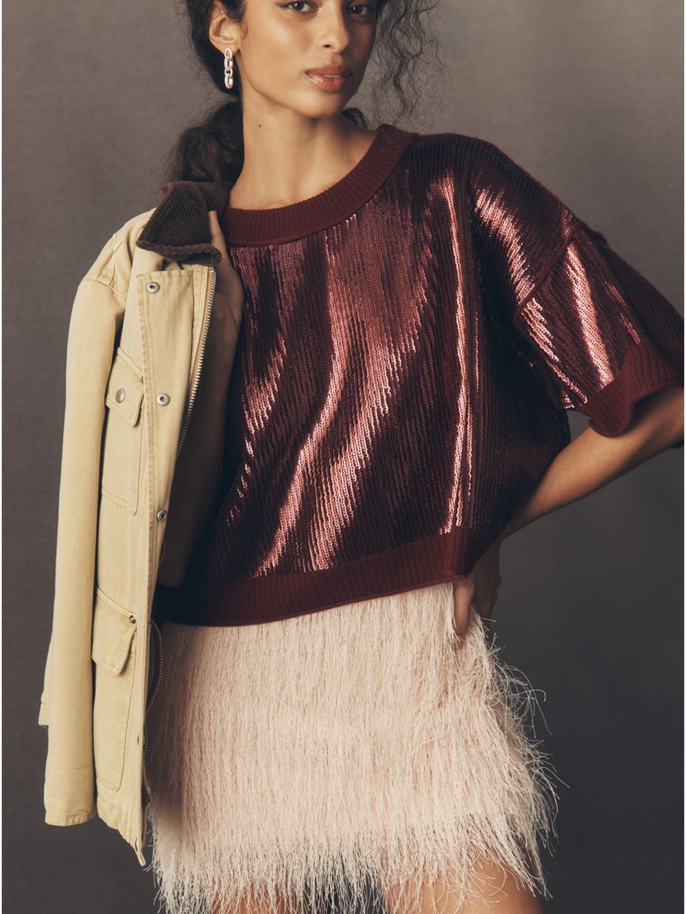 Anthropologie Goldie Sequin Crew-Neck Sweater in Burgundy